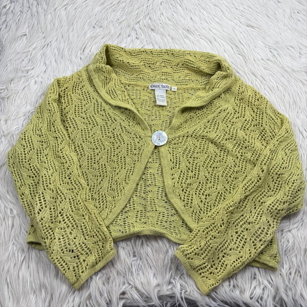Nordic Traders Women's S Citron Open Knit Cropped Cardigan Lagenlook Art to Wear